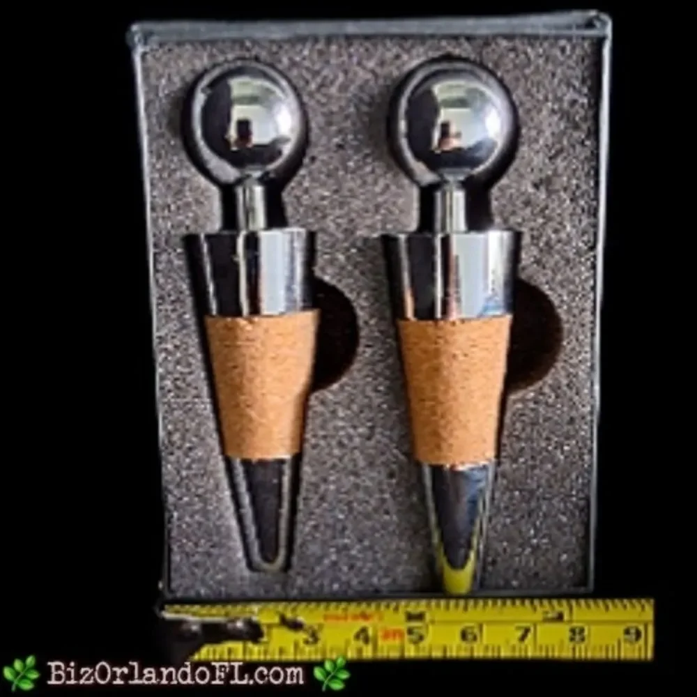 VINTAGE: Leed's Chrome & Cork Wine Decorative Stoppers Set of 2 ** NEW IN BOX **